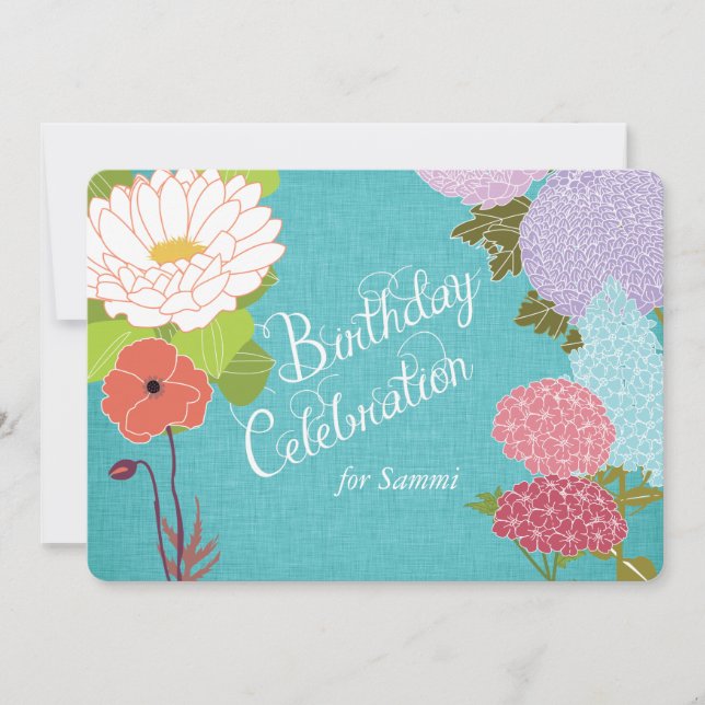 Blandade blommor på Blå Linen Birthday Inbjudan (Framsida)
