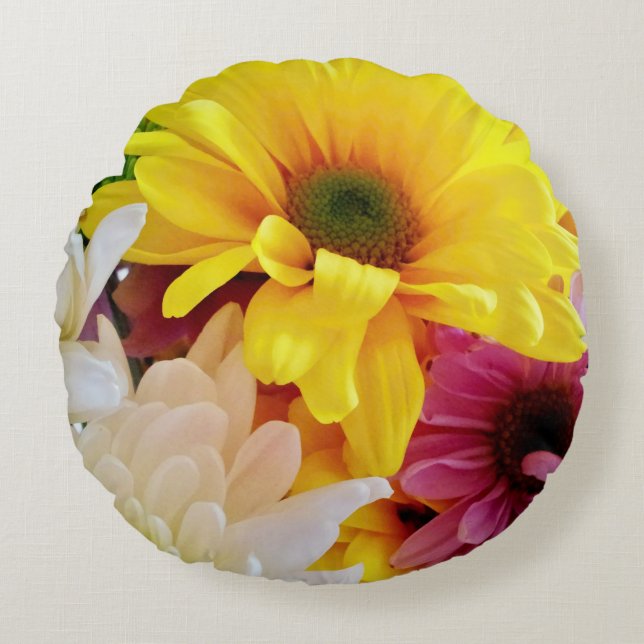 Blandade Daisy Bouquet Round Dekorativ kudde (Framsidan)