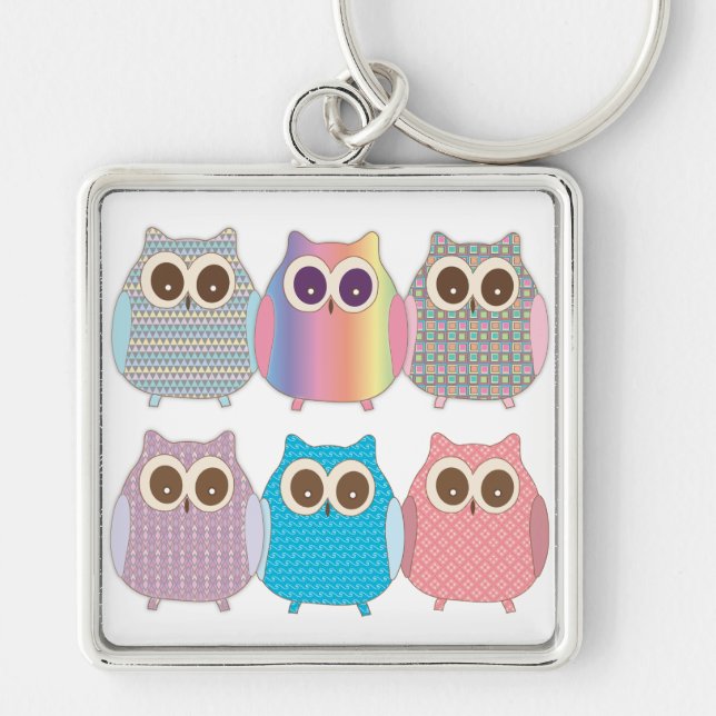 Blandade färger för gulliga lite dyftugglor fyrkantig silverfärgad nyckelring (Framsidan)
