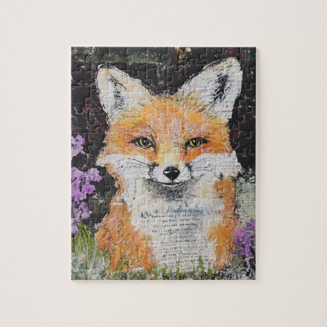 Blandade medier av Cute Red Fox Lila blommor Pussel (Vertikal)