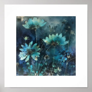 Blandade medier av cyanotyp i blåa blommor poster