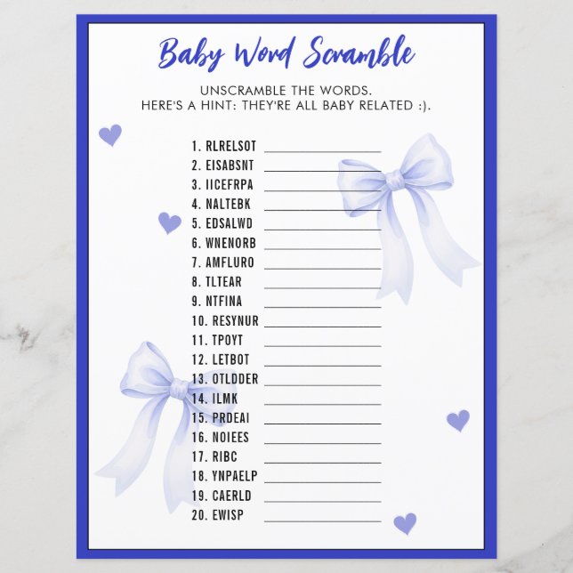 Blandade ord Babyshower spel Blå båge band (Framsida)