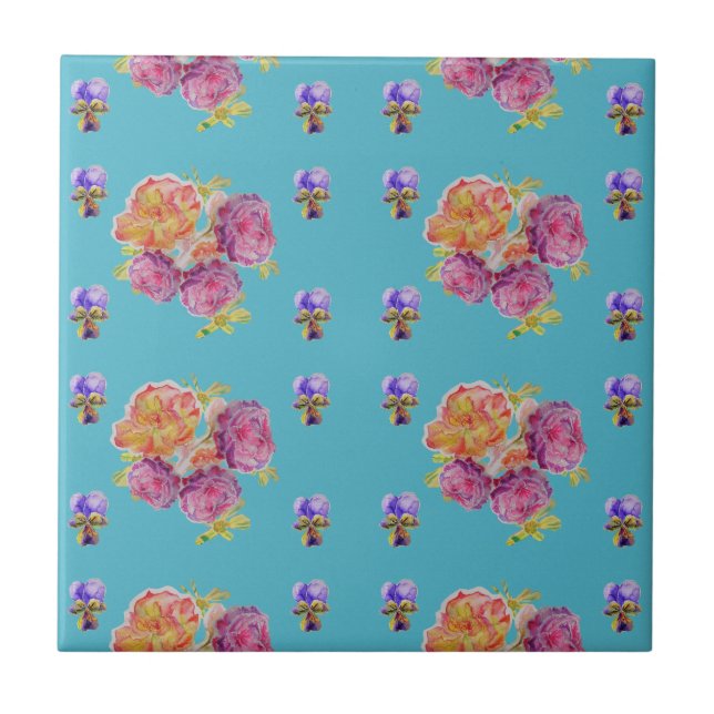 Blandade Teal Ros Lila violett blom- Keramisk Plat Kakelplatta (Framsidan)