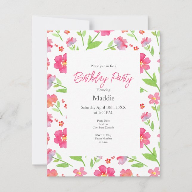 Blandade vattenfärgsblommor 2 inbjudningar (Framsida)