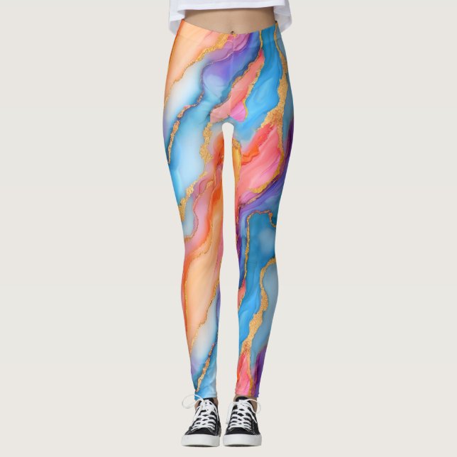 Bländande marmor i blåa, rosa och orangea nyanser leggings (Framsida)