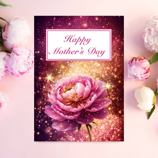 Bländande Rosa Rosa Glitter Glad Mors Dag Kort (A dazzling Mother's Day Card for a Mom who loves Peonies!)