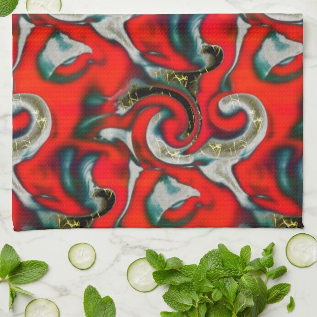 Blandning av abstrakt i rött övertoningsfläckar öv kökshandduk (Vikta)