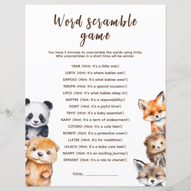Blandning Av Träord Skogsdjur Baby Shower Spel (Framsida)