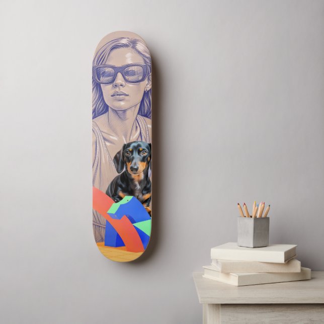 Blandteknisk illustration av en kvinna och dachshu mini skateboard bräda 18,5 cm (Väggkonst)
