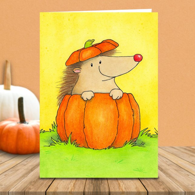 Blank Cute Hedgehog in Pumpkin Fall  Kort (Skapare uppladdad)