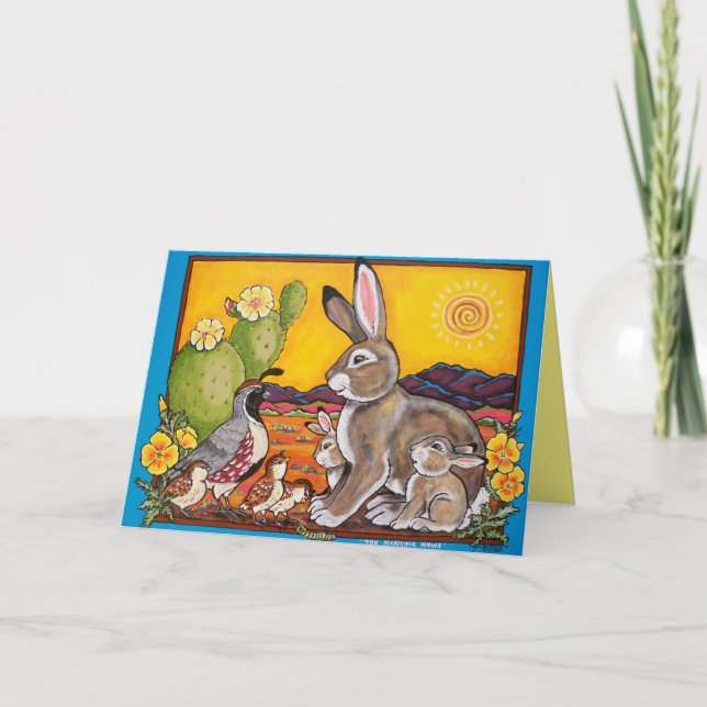 Blank Desert Wildlife Rabbit Quail Sunrise Cactus Kort (Framsida)