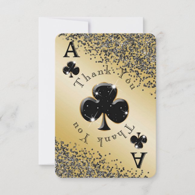 Blank Glänsande Klöver Ess & Svart Glitter Tack Kort (Framsida)