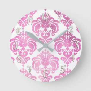 Blank Glänsande Rosa & Vit Damask Modern Personlig Rund Klocka