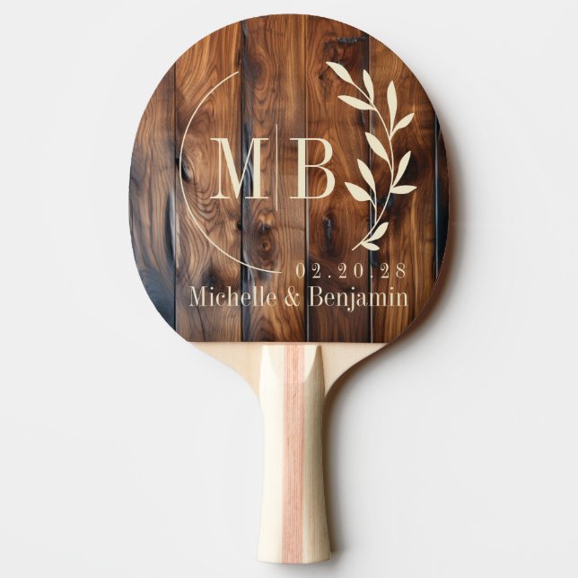 Blank Glaserad Mörk Träblad Bröllopsmonogram Pingisracket (Baksidan)