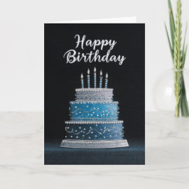 BLANK INSIDE: Blue & Silver Birthday Cake Design Kort