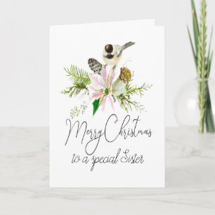 Blank jul Chickadee Bird Pointsettia Sister Kort
