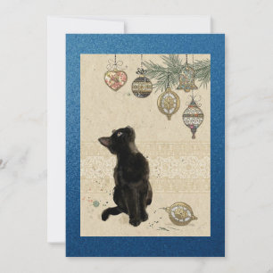 Blank katt i vintage blå färg som tittar på julgra julkort