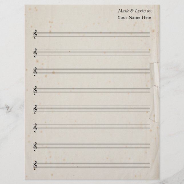 Blank Lakan Music 8 Stave Antique Torn Papper (Framsida)
