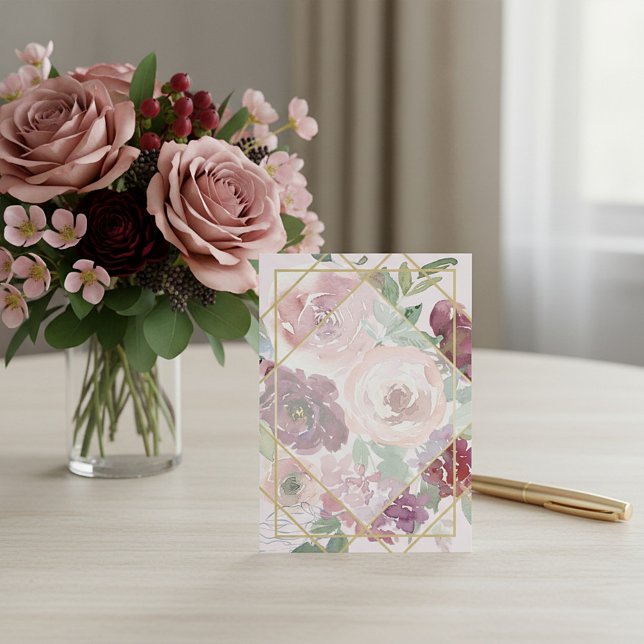 Blank rosa blommig och guld geometrisk bröllops- inbjudningar (Skapare uppladdad)