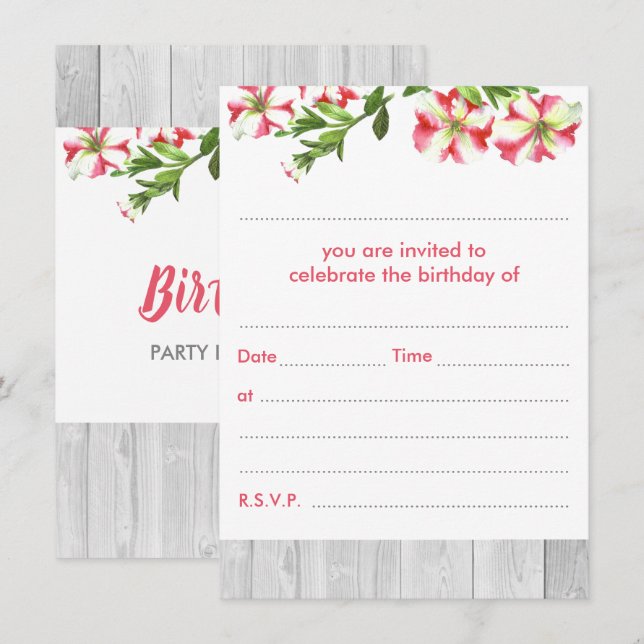 Blank Rustic Watercolor Trailing Petunias Birthday Inbjudningar (Fram/baksida)