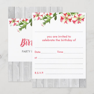 Blank Rustic Watercolor Trailing Petunias Birthday Inbjudningar