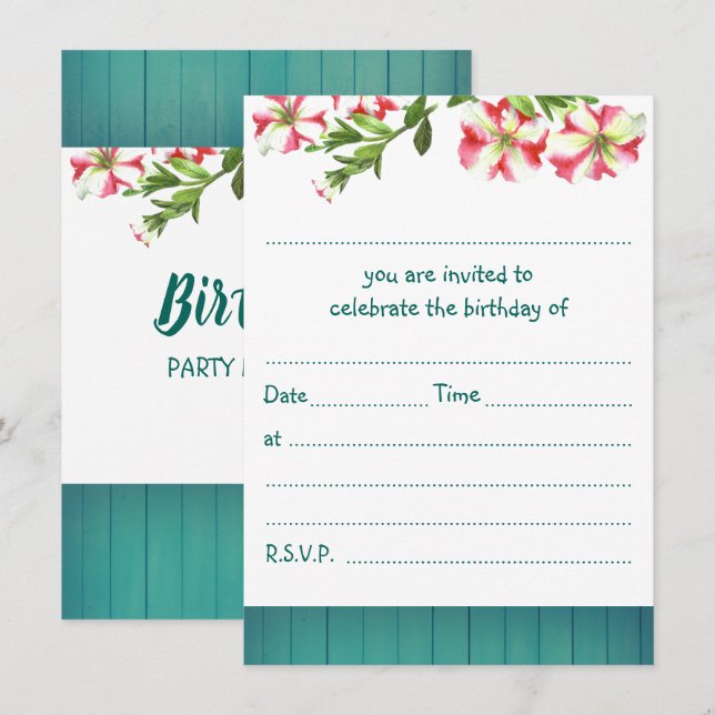 Blank Rustic Watercolor Trailing Petunias Birthday Inbjudningar (Fram/baksida)