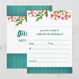 Blank Rustic Watercolor Trailing Petunias Birthday Inbjudningar