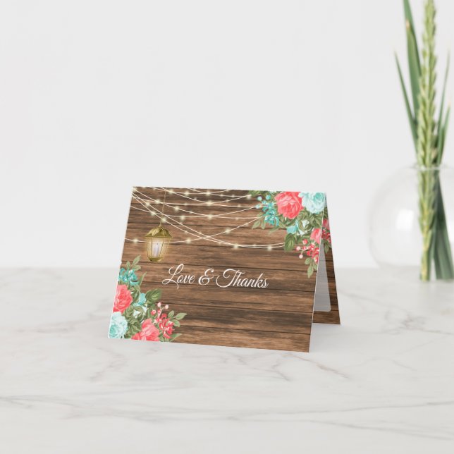 Blank - Trä, Lykta och Teal, Korallblommig Tack Kort (Framsida)