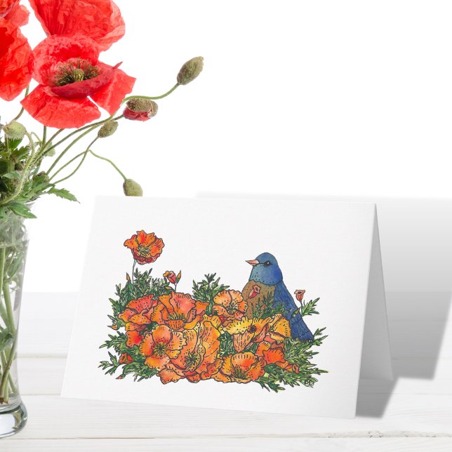 Blanka blåfågelfärg kort (Bluebird in Poppies Art Card)