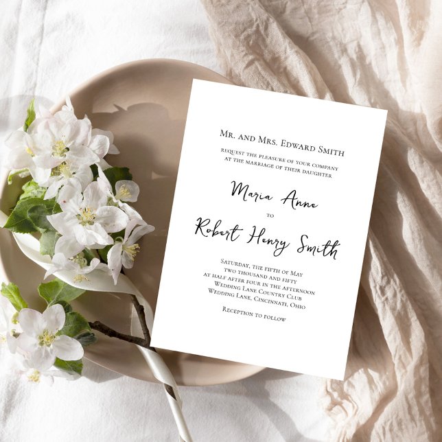 Blanka Bröllop-mall för svartvitt Inbjudningar (Simple black and white calligraphy script wedding invitation.)
