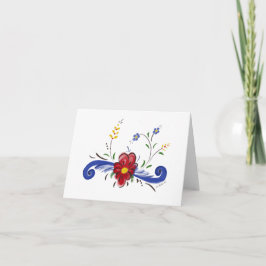 Blanka notecard med röd blomma och blå scrollsar anteckningskort