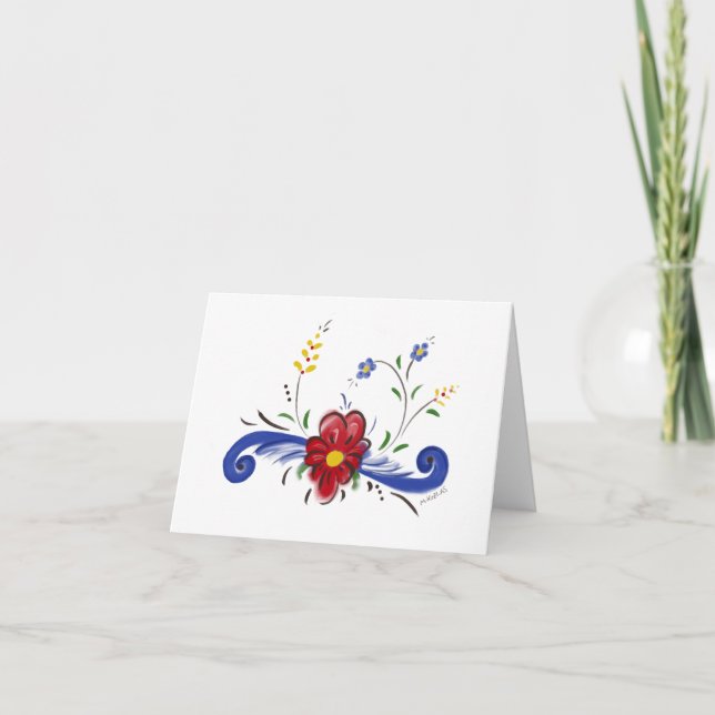 Blanka notecard med röd blomma och blå scrollsar anteckningskort (Framsida)
