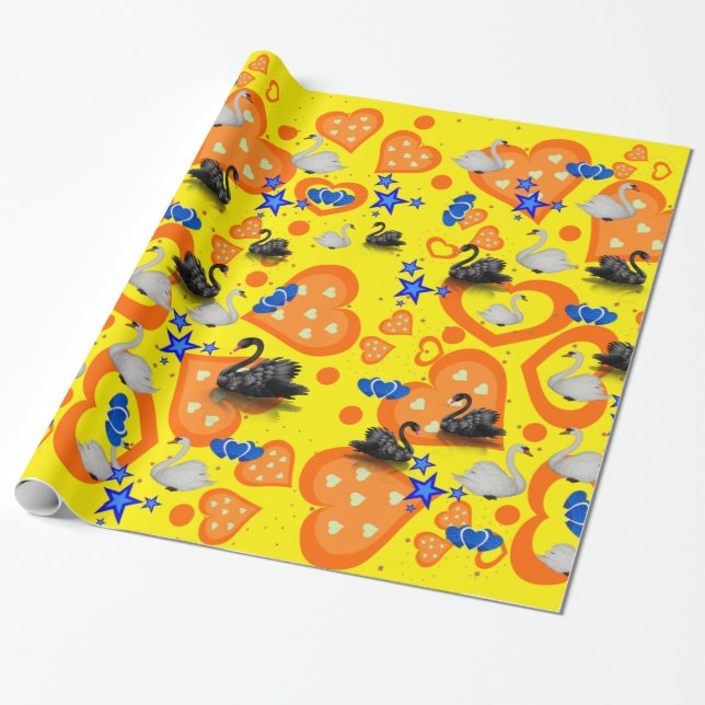Blanka radbyte Papper, Svan Orange Hearts-Gulten Presentpapper (Utrullad)