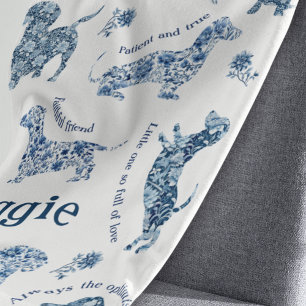 Blanket Blanket Blå vit Vintage Delft Dachshund Fl Fleecefilt