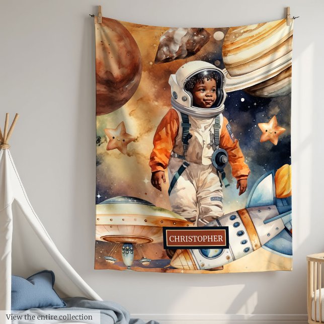 Blanket Cute Black Boys i rymden Äventyr, Gift Ide Fleecefilt (Space Adventure Blanket Cute Black Boys Gift Idea)