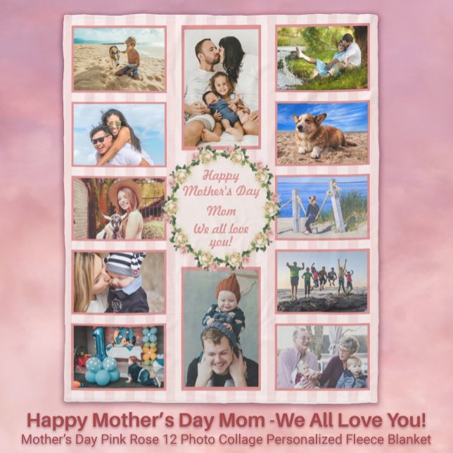 Blanket för fotopassage i mors dag Rosa ros Fleecefilt (Happy Mother’s Day Mom We All Love You! Pink Roses 12 Photo Collage Personalized Fleece Blanket)