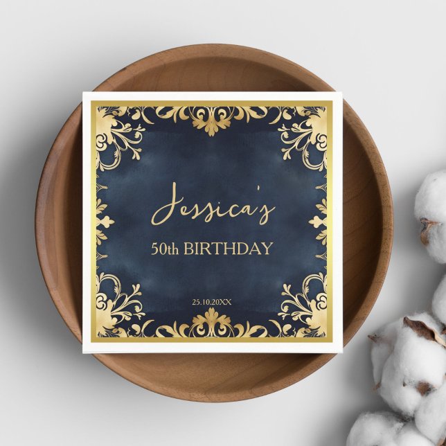 Blankett för dekorerad födelsedagsfest i svart och pappersservett (Black and gold ornamental birthday party template napkins personalized party tableware 50ieth 60ieth)