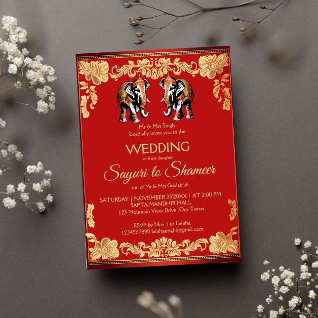 Blankett för elefanter från Röda och guld (indiska Inbjudningar (Red and gold Indian wedding ornate elephants editable template invitation instant digital download)