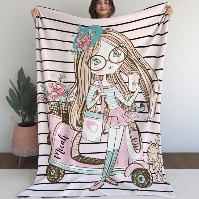 Blankett för flickor med flicka och katt med skotr fleecefilt (Blanket for Girls with Girl and Cat With Scooter (L))