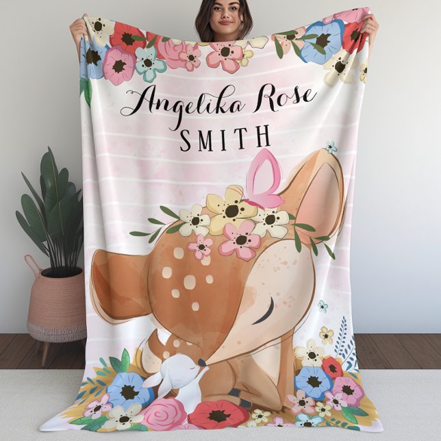 Blankett för flickor med Hjort Flowers Rand Fleecefilt (Blanket for Girls with Fawn Deer Flowers Stripes (L))