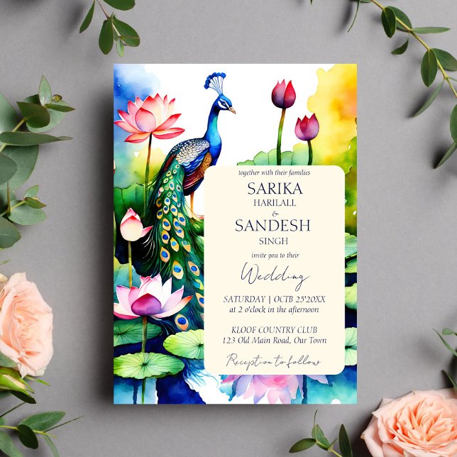 Blankett för peacock lotus blommor bröllop inbjudningar (Peacock lotus flowers wedding editable template invitation instant digital download watercolor pond)