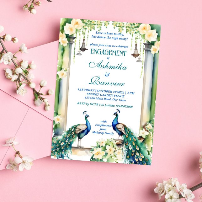 Blankett för persikor och jasmine indisk förlovnin inbjudningar (Peacock and jasmine Indian wedding engagement template editable invitation instant digital download)