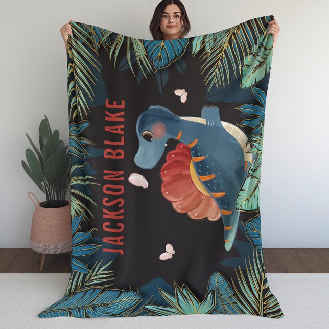 Blankett för pojkar med Dinosaur och Golden Foliag Fleecefilt (Blanket for Boys with Dinosaur and Golden Foliage)
