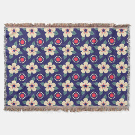 Blankett, marinblå med Cream Flowers Filt
