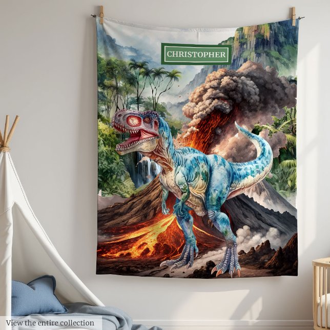 Blankett med det egna namnet Watercolor Dinosaur f Fleecefilt (Watercolor Dinosaur Custom Name Blanket for Boys)