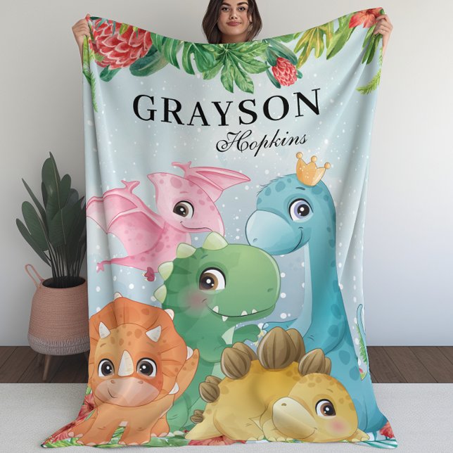 Blankett med dinosaurier + Tropiskt Löv Fleecefilt (Kid’s Blanket With Dinosaurs + Tropical Leaves (L))