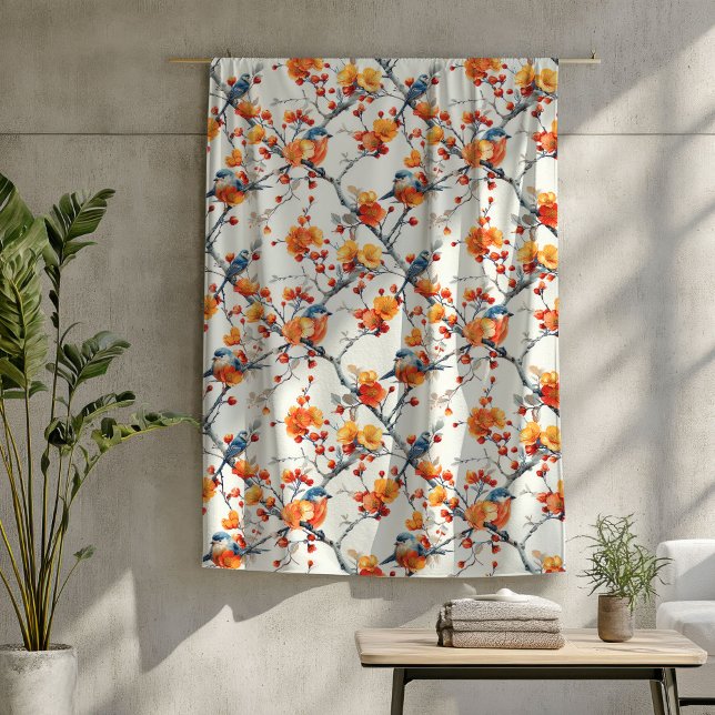 Blankett med färgade fåglar under flygning fleecefilt (Fall Flowers Blanket with Colorful Birds in Flight)