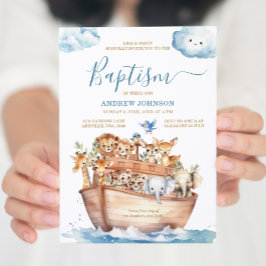 Blånoahs Ark Cute Animals Watercolor Baptism Inbjudningar