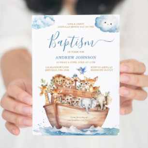 Blånoahs Ark Cute Animals Watercolor Baptism Inbjudningar