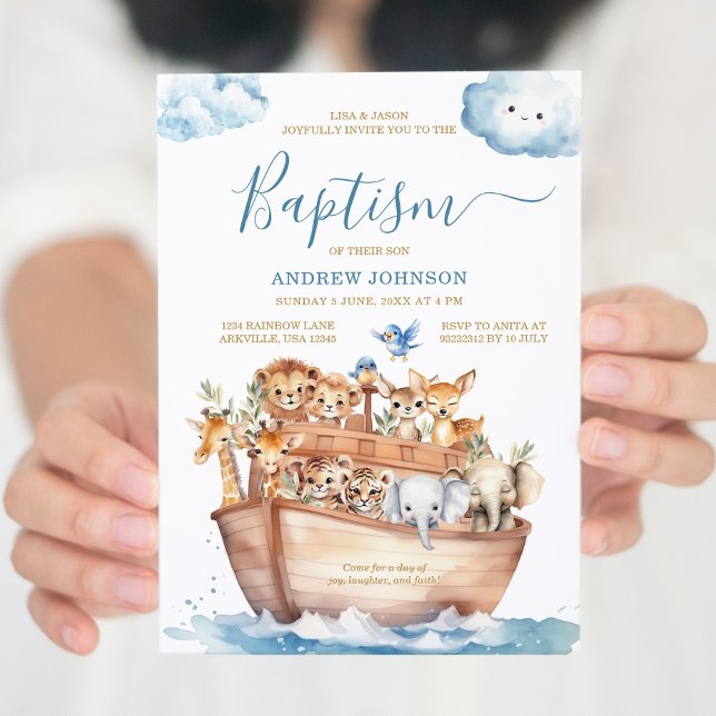 Blånoahs Ark Cute Animals Watercolor Baptism Inbjudningar (Skapare uppladdad)